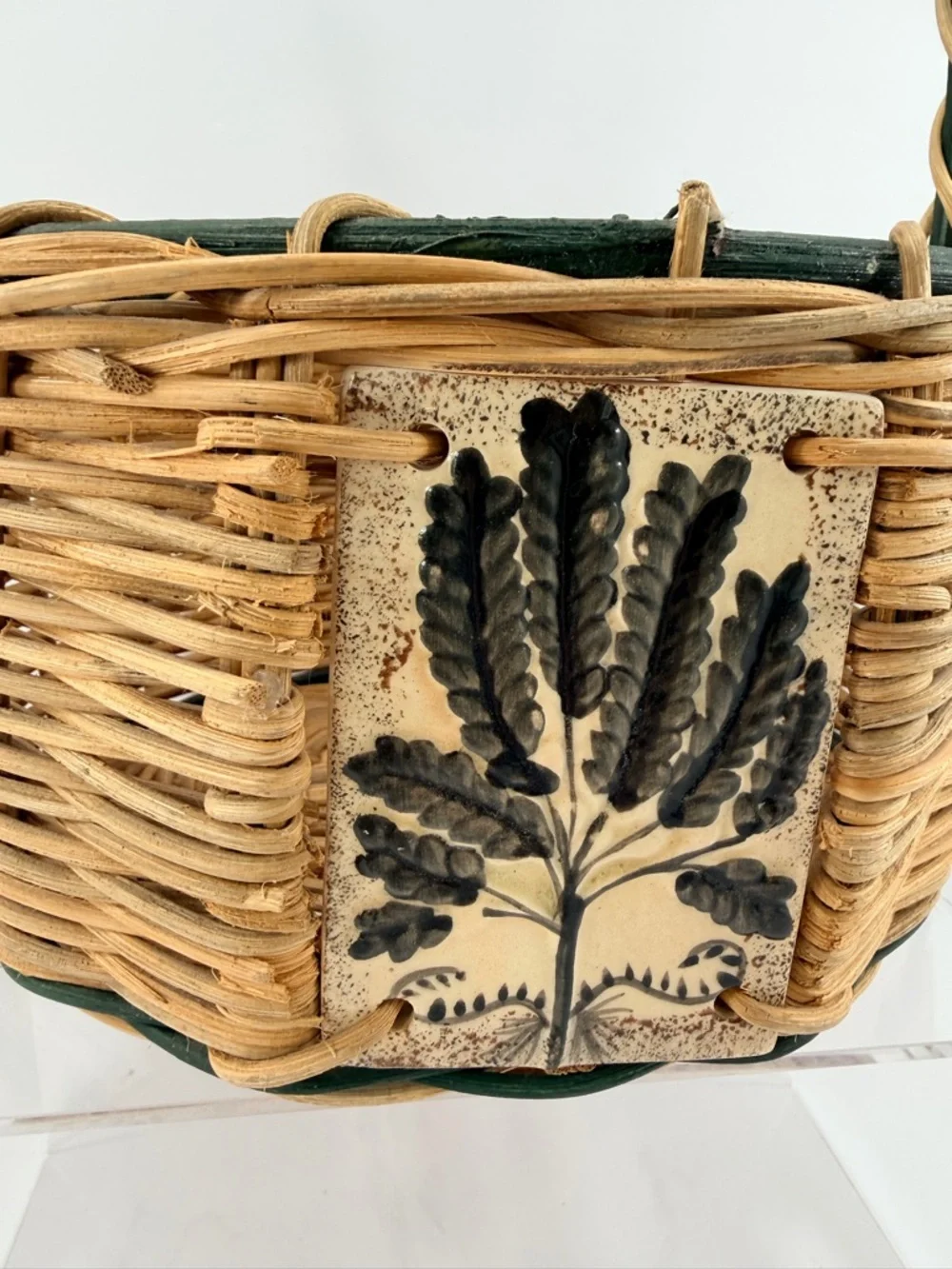 Vtg 1970s Handwoven Wicker Tile Basket 12x9 Botanical Leaf Cottagecore Farmhouse